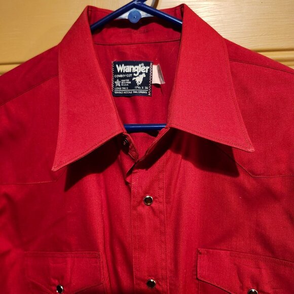 Vintage 80s Wrangler 17.5 X 36 Long Tail Cowboy Cut Red Western Shirt Pearl Snap - Picture 4 of 8